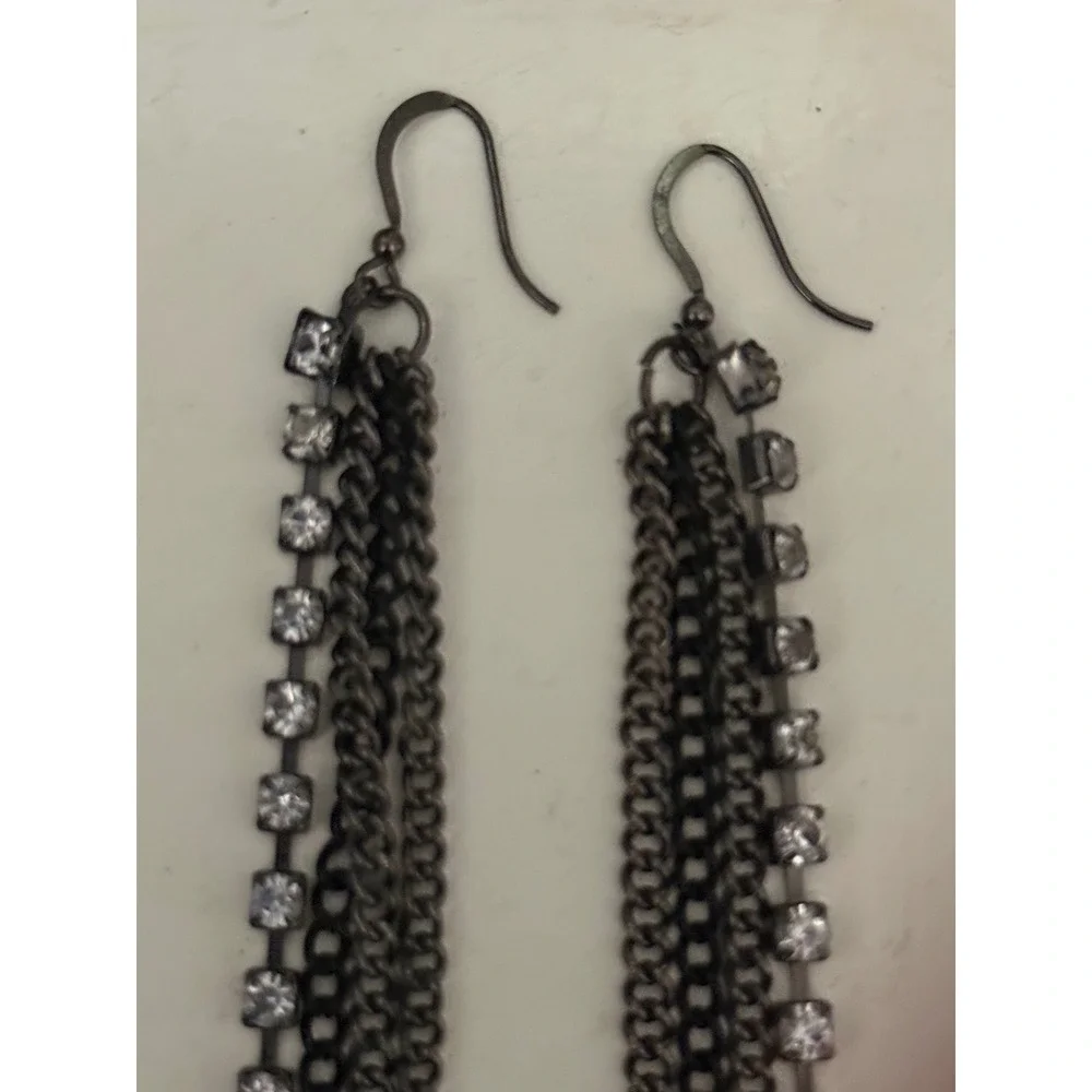 Gunmetal Multi Strand Chain Rhinestone Long Dangle Shoulder Duster Earrings